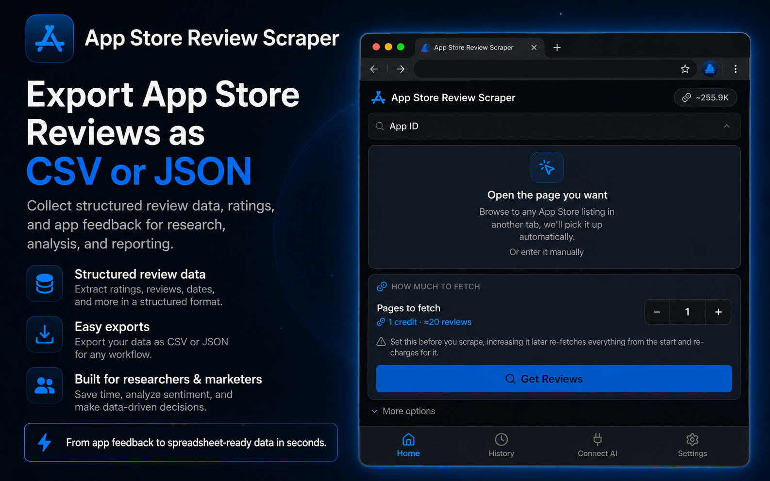 Export App Store reviews as CSV or JSON, with adjustable review limit