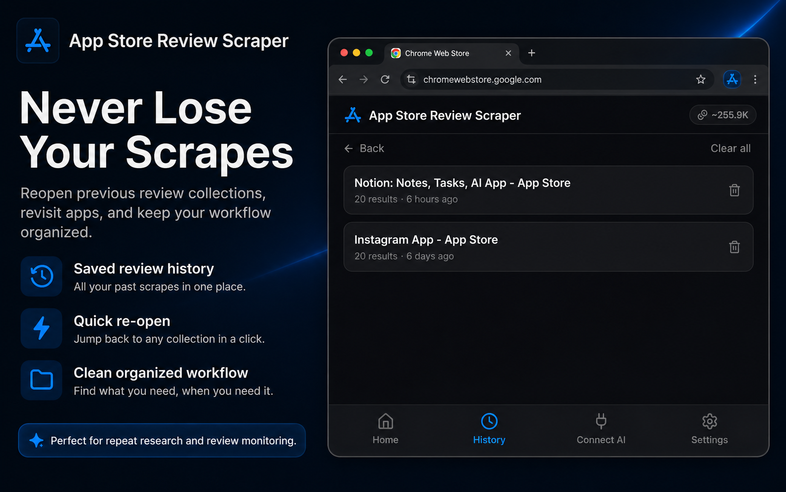 Saved scrape history for reopening past App Store review exports